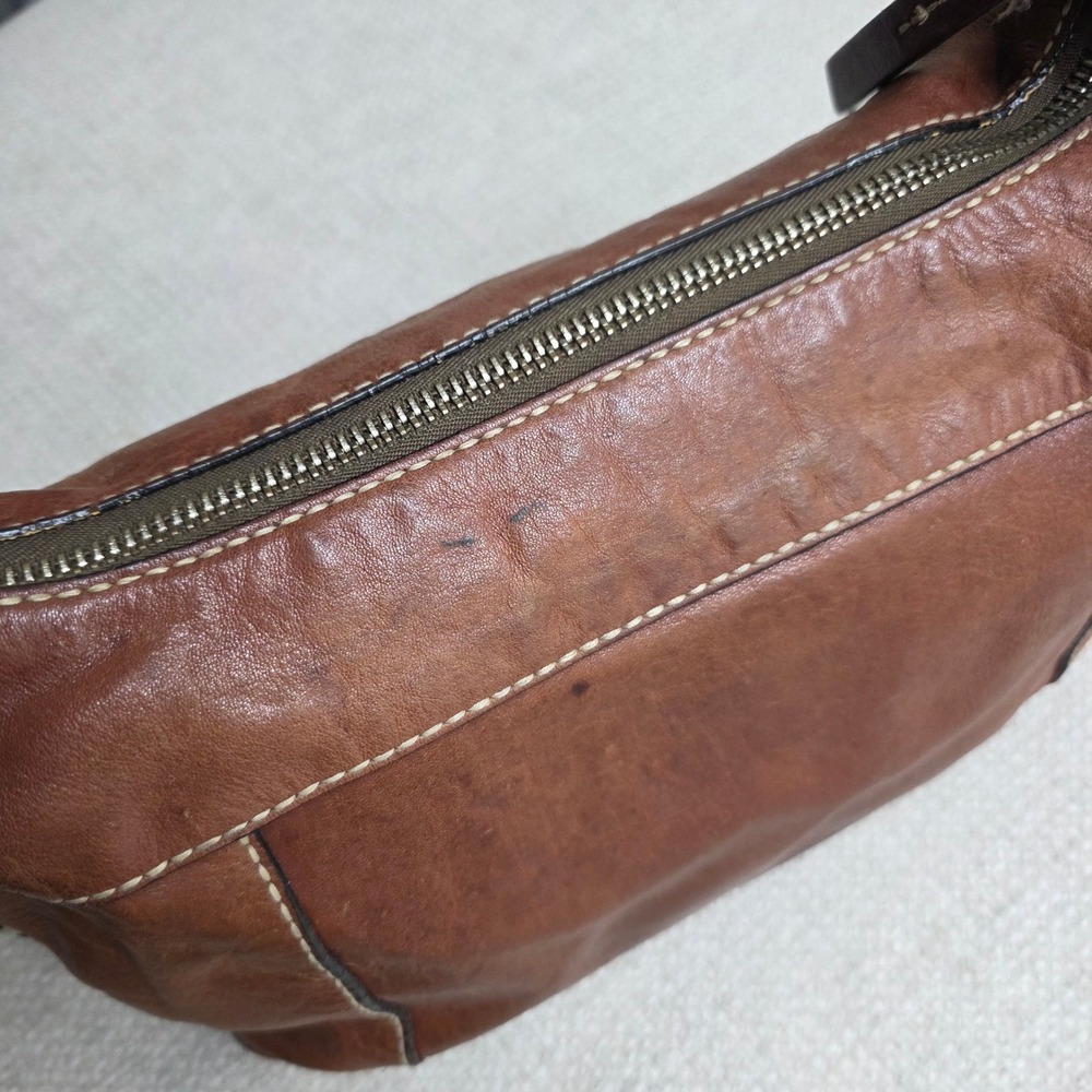 Cognac Brown Leather Hobo Fossil Satchel Braided Strap Contrast Stitching Purse - Picture 3 of 10